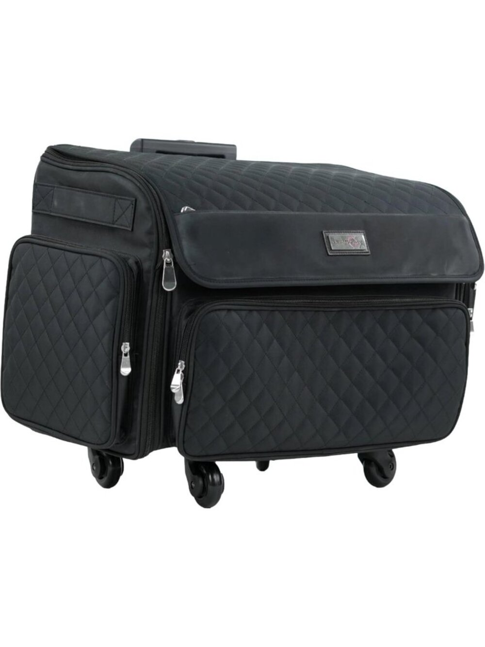 XL Rolling Sewing Machine Case - Black Quilted Craft Bag with 4 Wheels